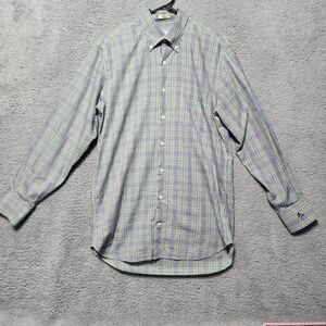 Peter‎ Millar Dress Shirt Blue Brown Green Plaid Button Front Embroidered Medium